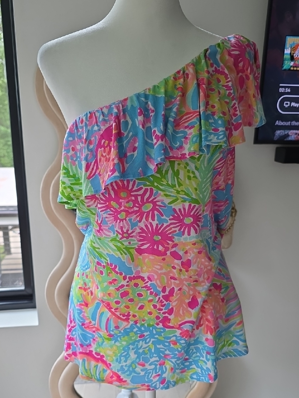 Lily Pulitzer One-Shoulder Ruffle Tropical Floral Top